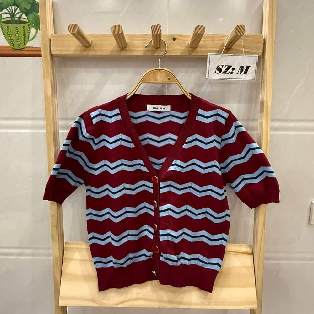 Burgundy Blue Zigzag Wave Knit Button Cardigan Cute Top